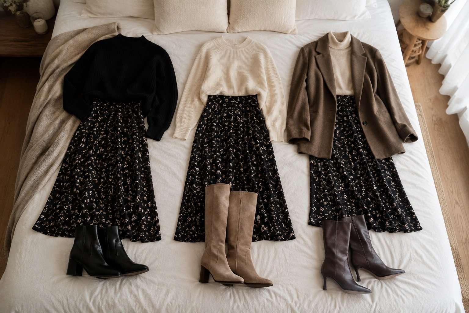 Tres combinaciones de falda midi y botas colocadas de forma ordenada.